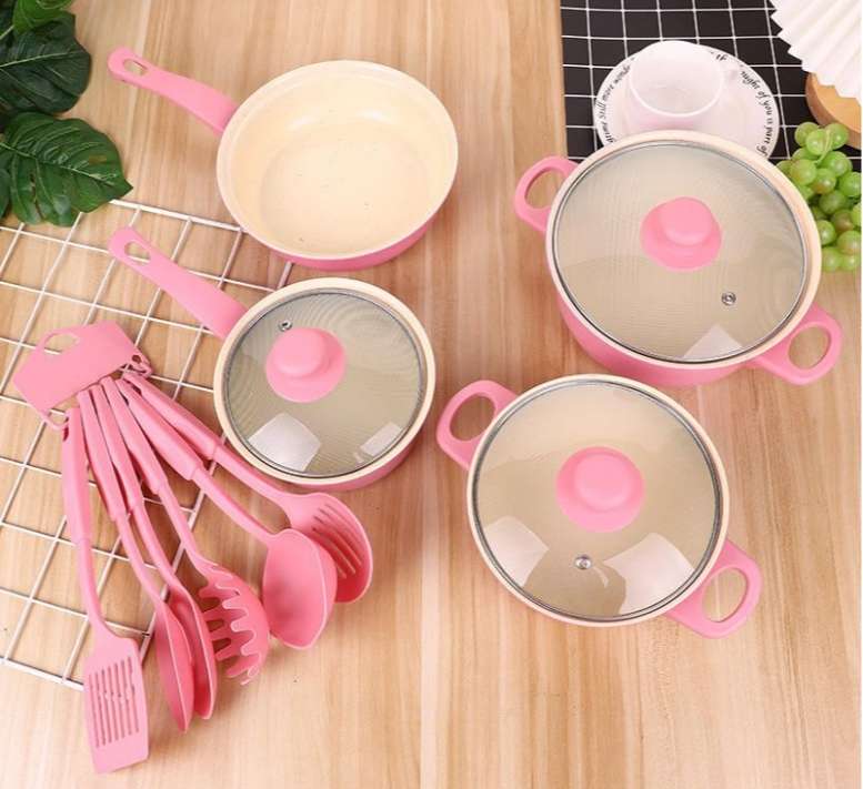 13 Piece Aluminum Non-Stick Cookware Set - Pink