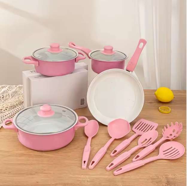 13 Piece Aluminum Non-Stick Cookware Set - Pink