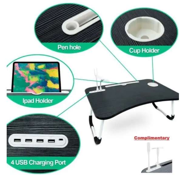 Foldable Laptop Desk With Tablet Holder, Cup Holder, 4-Port Usb Hub