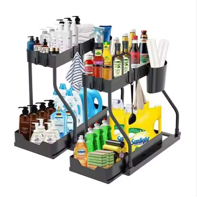 Under Sink Organizer - L-Shape 2-Tier Pull Out Storage Rack