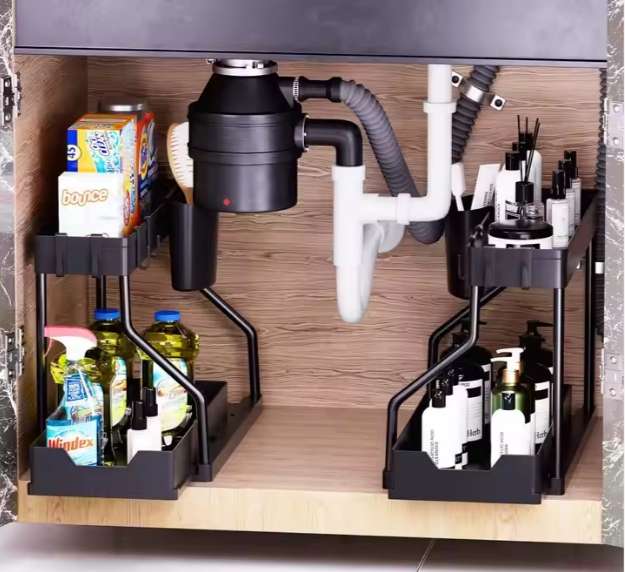 Under Sink Organizer - L-Shape 2-Tier Pull Out Storage Rack
