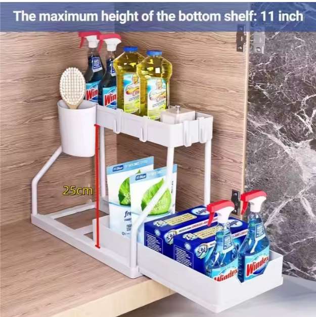 Under Sink Organizer - L-Shape 2-Tier Pull Out Storage Rack