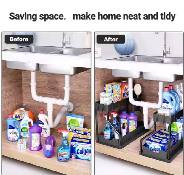 Under Sink Organizer - L-Shape 2-Tier Pull Out Storage Rack