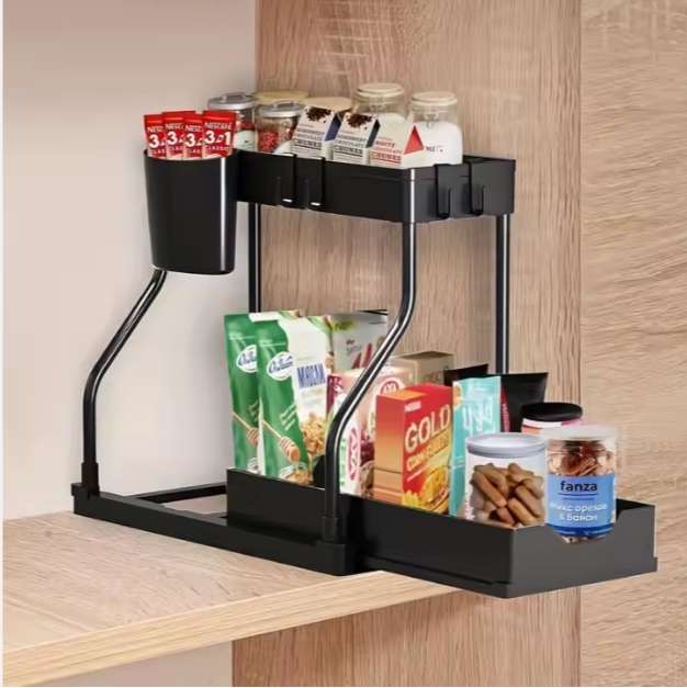 Under Sink Organizer - L-Shape 2-Tier Pull Out Storage Rack