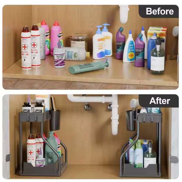 Under Sink Organizer - L-Shape 2-Tier Pull Out Storage Rack