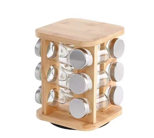 Wooden Spice Rotating Organizer Set with 12 Glass Jar Rotating Racks