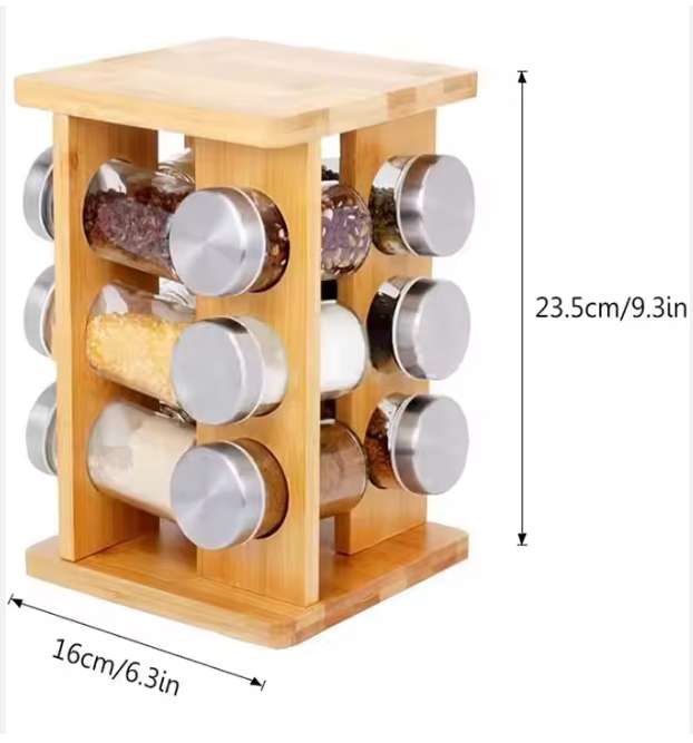 Wooden Spice Rotating Organizer Set with 12 Glass Jar Rotating Racks