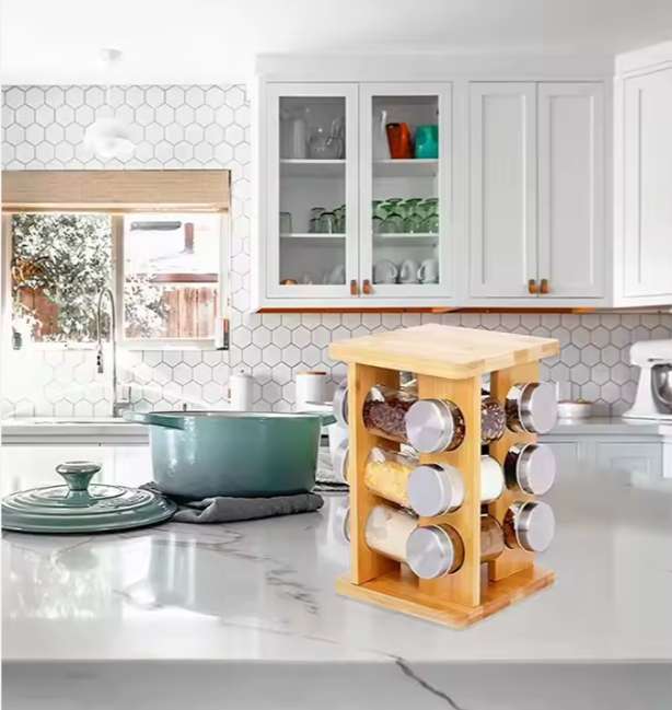 Wooden Spice Rotating Organizer Set with 12 Glass Jar Rotating Racks