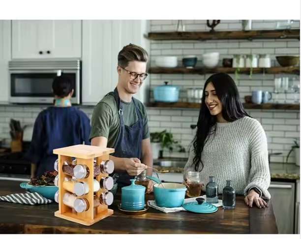 Wooden Spice Rotating Organizer Set with 12 Glass Jar Rotating Racks