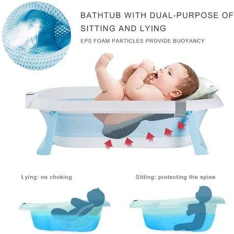 Foldable Bath Tub with Shower Holder, Pillow Pad and built-in Thermometer Blue