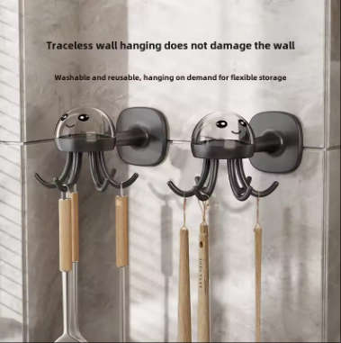 No Drilling Kitchen Rotating Hook Wall Shelf Adhesive Strong Nail Free Spatula Hanging Rack