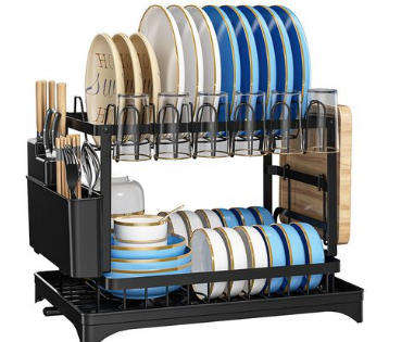 2 Layered Black Kitchen Dish and Utensil Holder Rack
