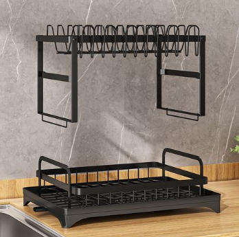 2 Layered Black Kitchen Dish and Utensil Holder Rack
