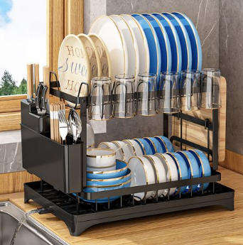2 Layered Black Kitchen Dish and Utensil Holder Rack