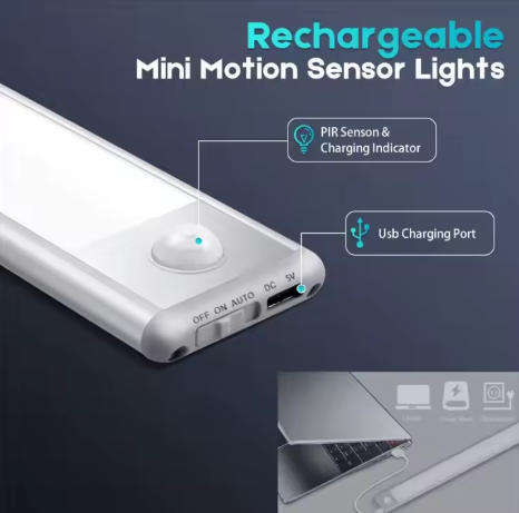 Operated Magnetic USB Rechargeable Led Motion Sensor Light Indoor for Kitchen Wardrobe, Porch