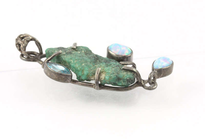 Opal Aquamarine Malachite Sterling Silver Pendant