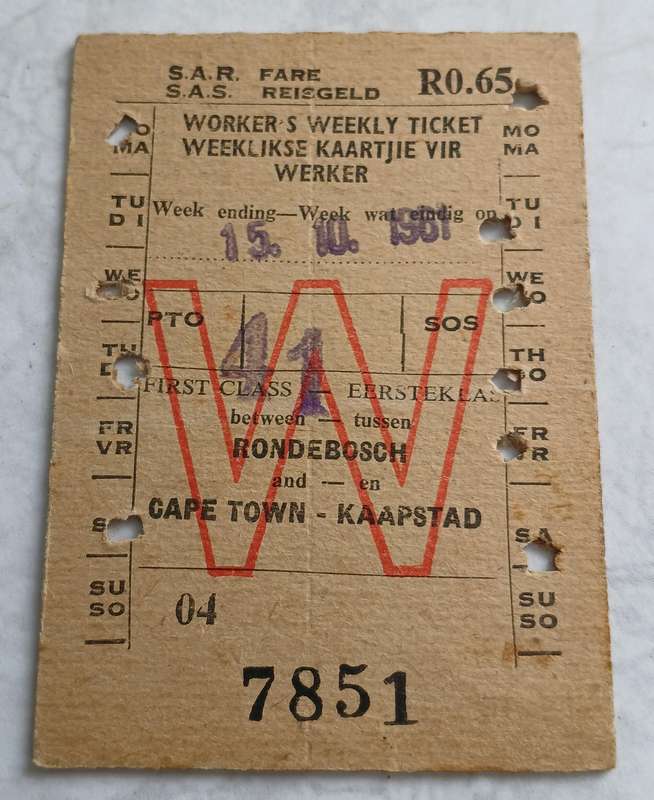 SAS / SAR Train Ticket - weekly 1961