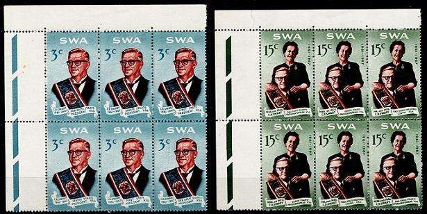 SWA 1968 Swart Commemoration in NW Cnr blocks of 6, VF UM