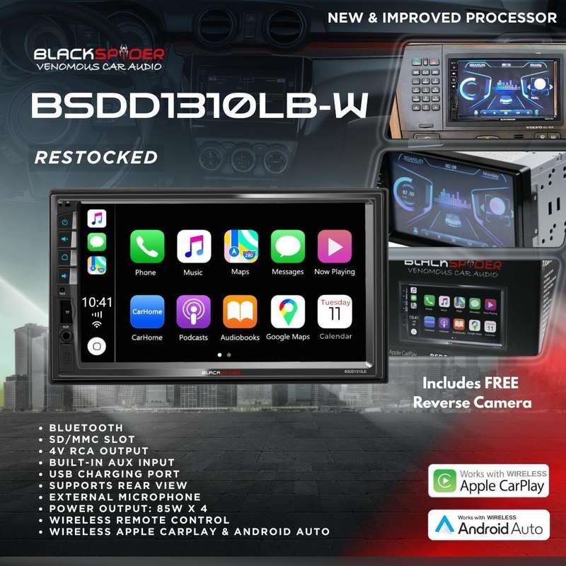 BlackSpider BSDD1310LB-W Double Din Bluetooth Wireless Apple CarPlay Android Auto Radio