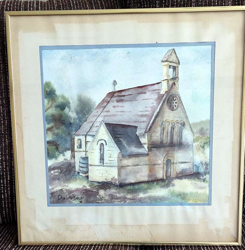 Original vintage painting of "Belvedere Church Knysna" 1988 by Charlotte Bresser