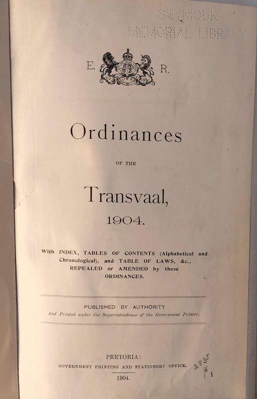Ordinances of the Transvaal - 1904