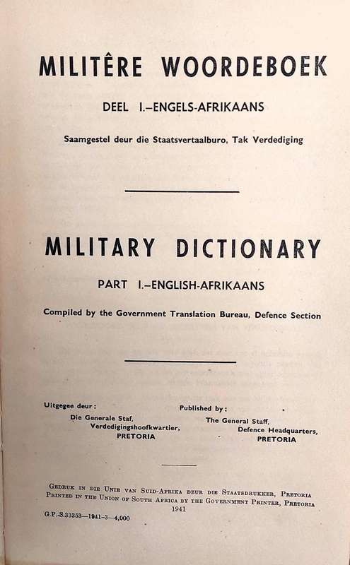 Rare Military Dictionary Part 1 - English - Afrikaans dated 1941