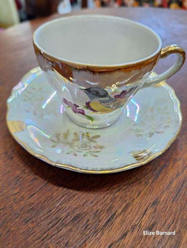 Small Vintage Japanese Bird Teacup & Saucer with Gold Rim.