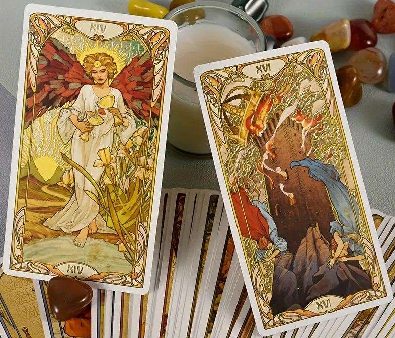 GOLDEN ART NOUVEAU TAROT STANDARD LARGE GOLD FOILED CARDS DECK WITH GUIDEBOOK