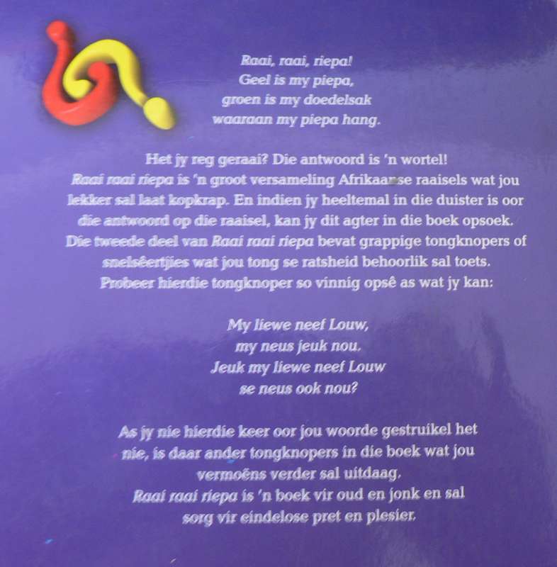Raai, raai riepa die Afrikaanse raaiselboek deur van Rooyen en Pellisier