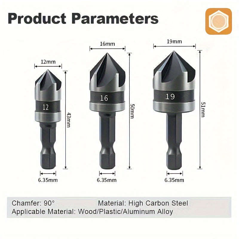 3 Pieces Carbon Steel 90 Degree Countersink Drill Bits