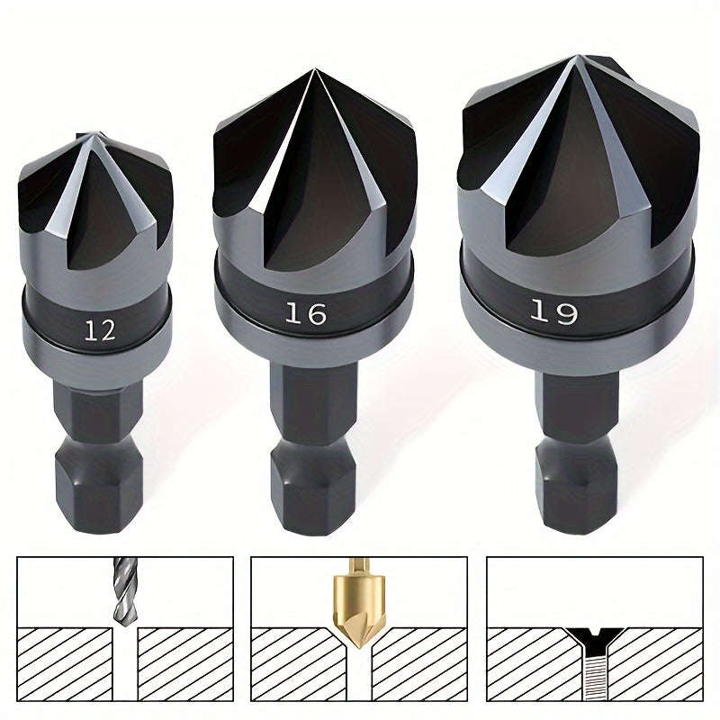 3 Pieces Carbon Steel 90 Degree Countersink Drill Bits