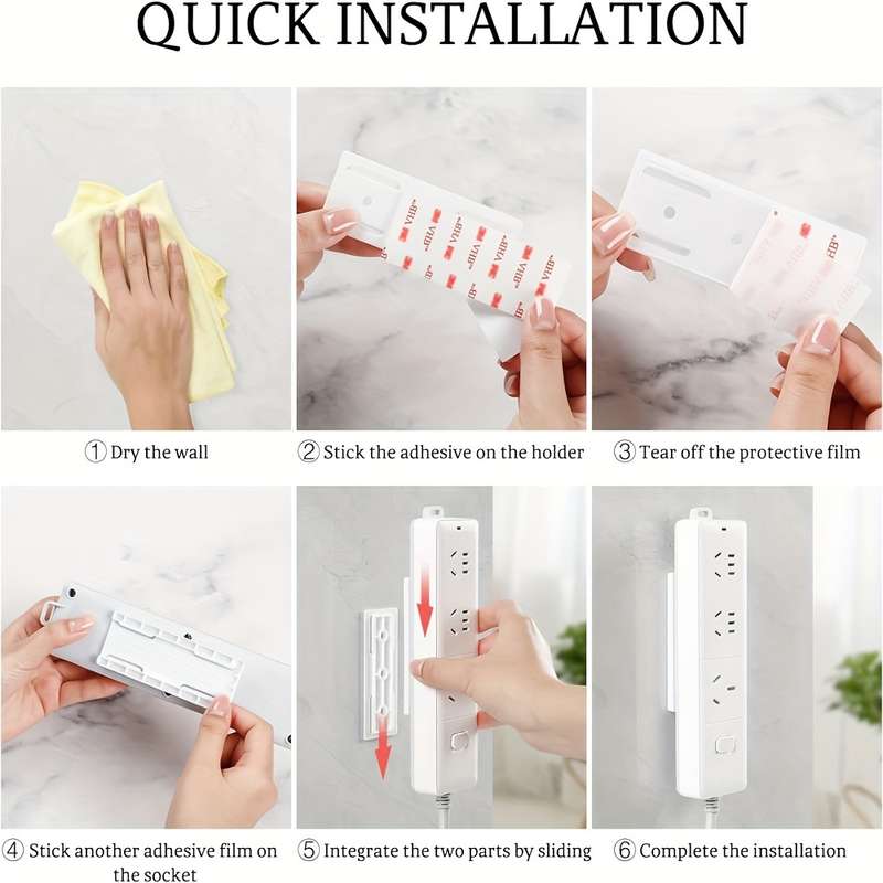 Easy To Install No-Drill Socket Holder - Self-Adhesive Wall Mounted Power Strip Organizer