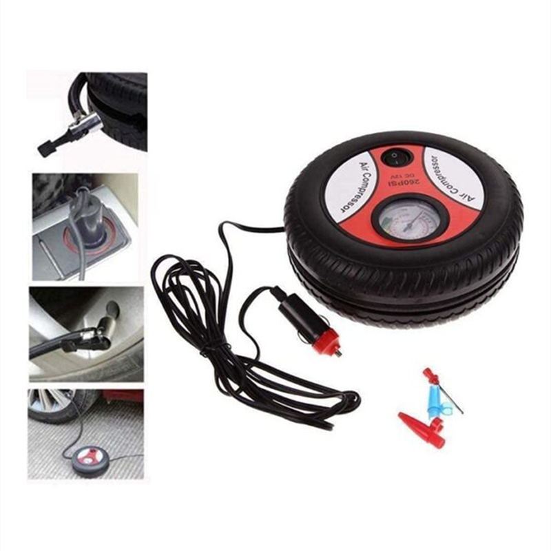 DC 12V 260PSI Tire Shape Air Compressor with Pressure Gauge and Nozzle Adapter
