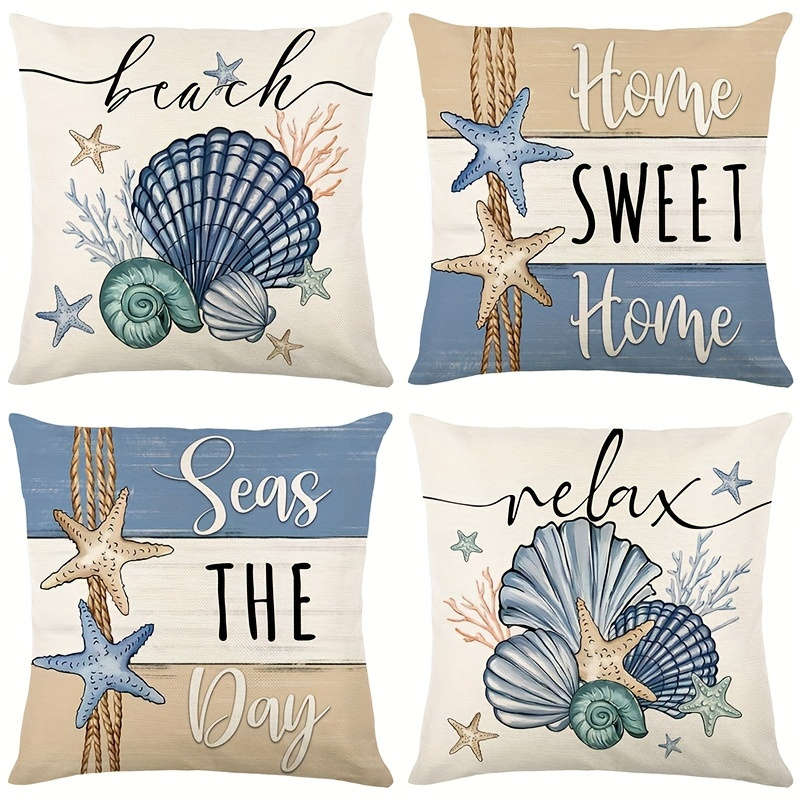 4 Pack 18x18 Modern Summer Starfish and Shell Throw Pillow Covers