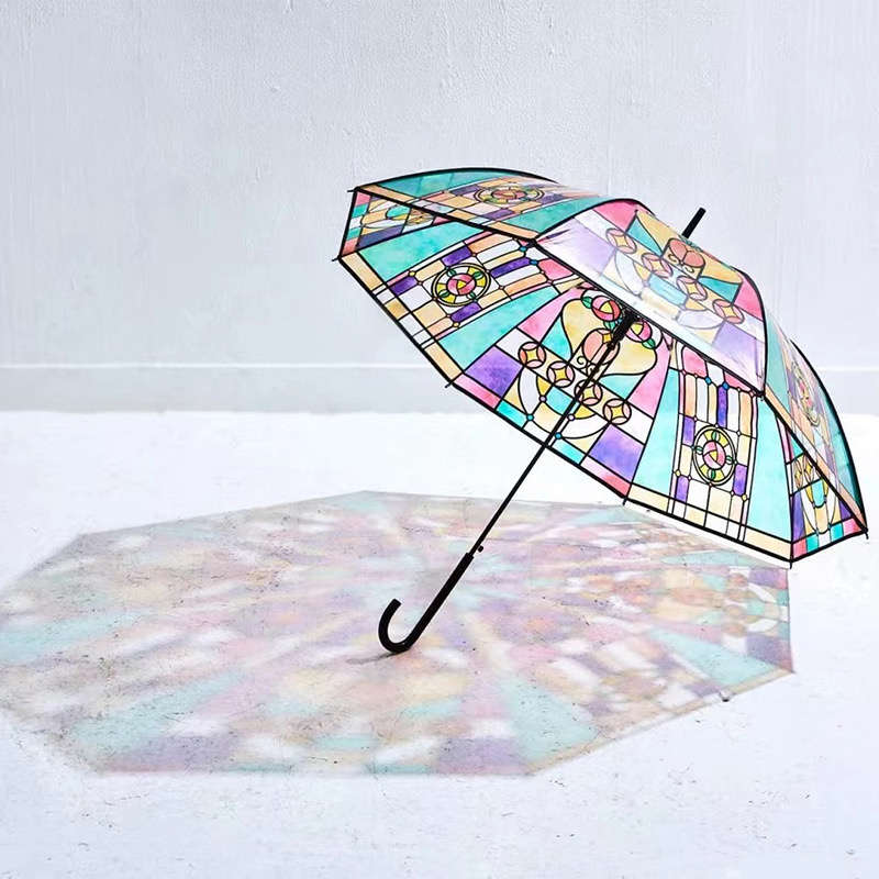 Stained Glass Pattern Long Handle Automatic Rainbow Transparent Umbrella