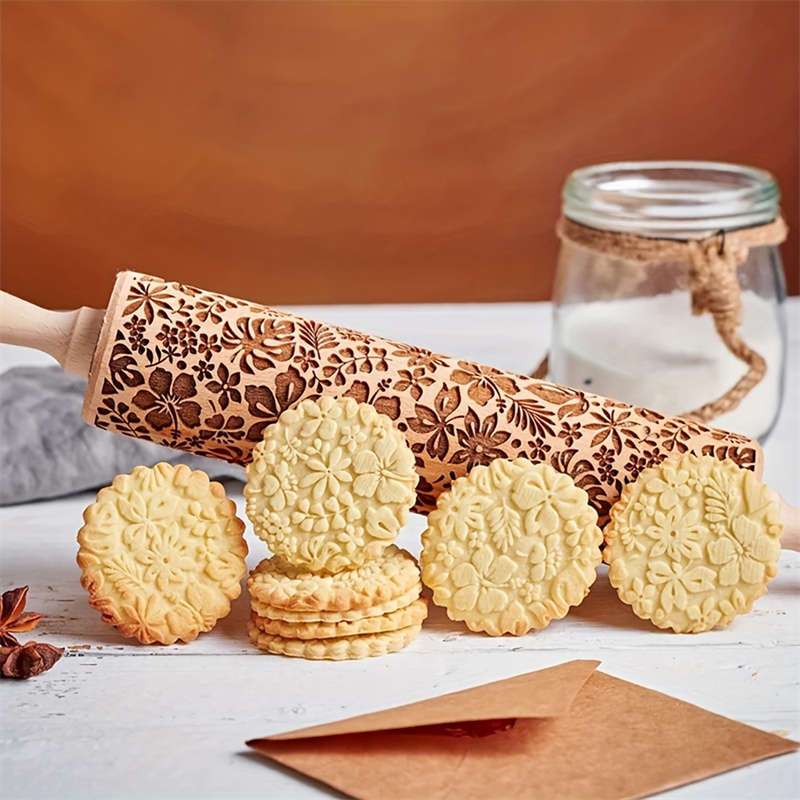1pc Flower Leaf Rolling Pin 34.8cm Wooden Embossed Dough Roller