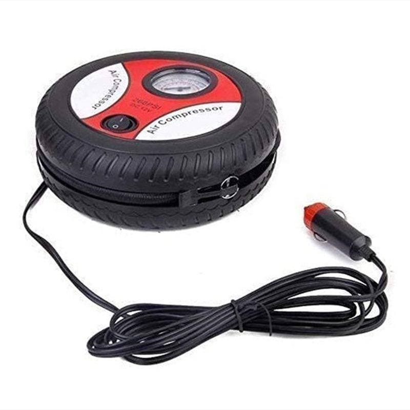 DC 12V 260PSI Tire Shape Air Compressor with Pressure Gauge and Nozzle Adapter