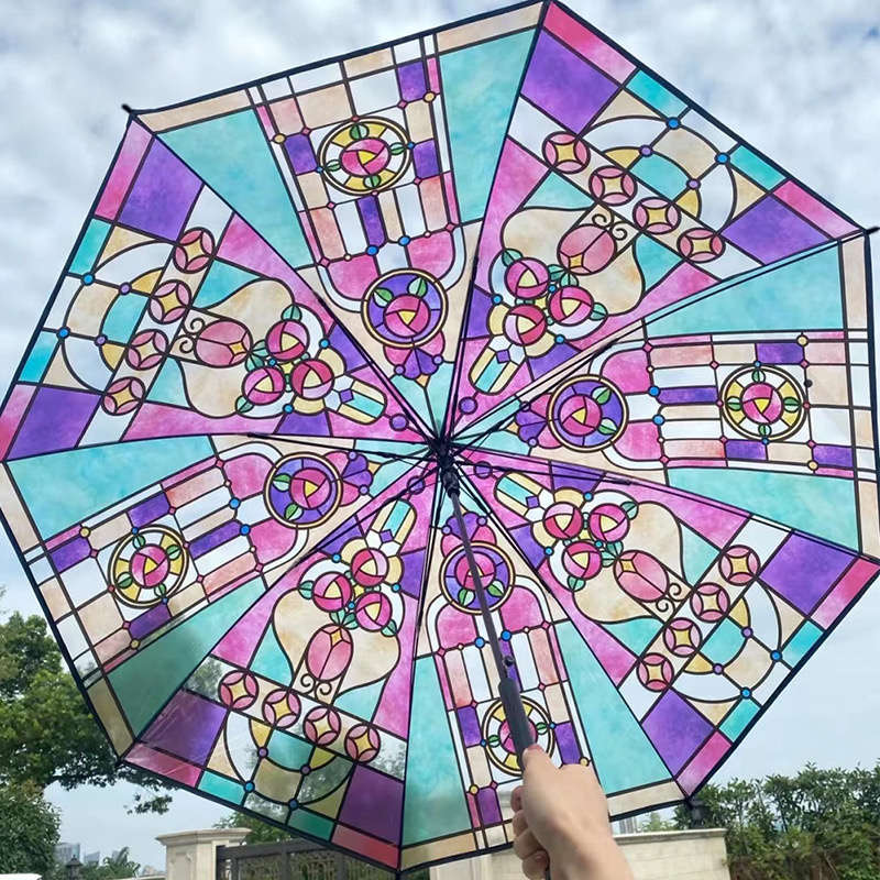 Stained Glass Pattern Long Handle Automatic Rainbow Transparent Umbrella