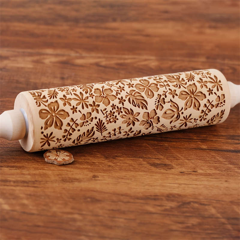 1pc Flower Leaf Rolling Pin 34.8cm Wooden Embossed Dough Roller