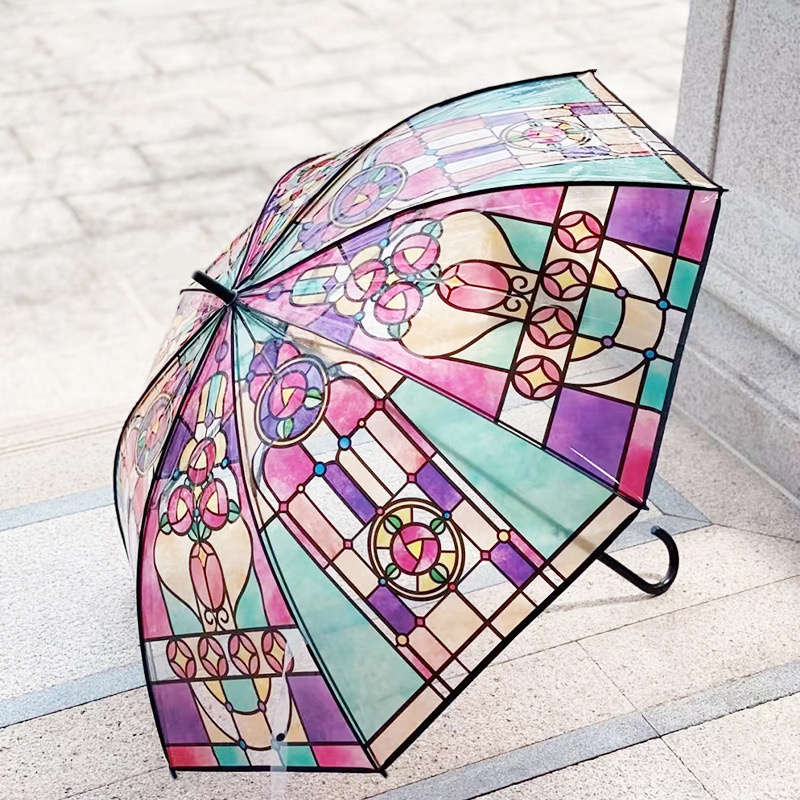 Stained Glass Pattern Long Handle Automatic Rainbow Transparent Umbrella