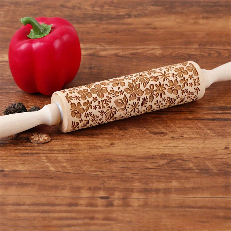 1pc Flower Leaf Rolling Pin 34.8cm Wooden Embossed Dough Roller