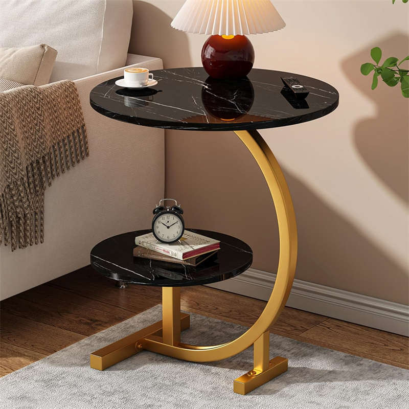 2 Tier Side Table, C Shape Side Table with Metal Frame