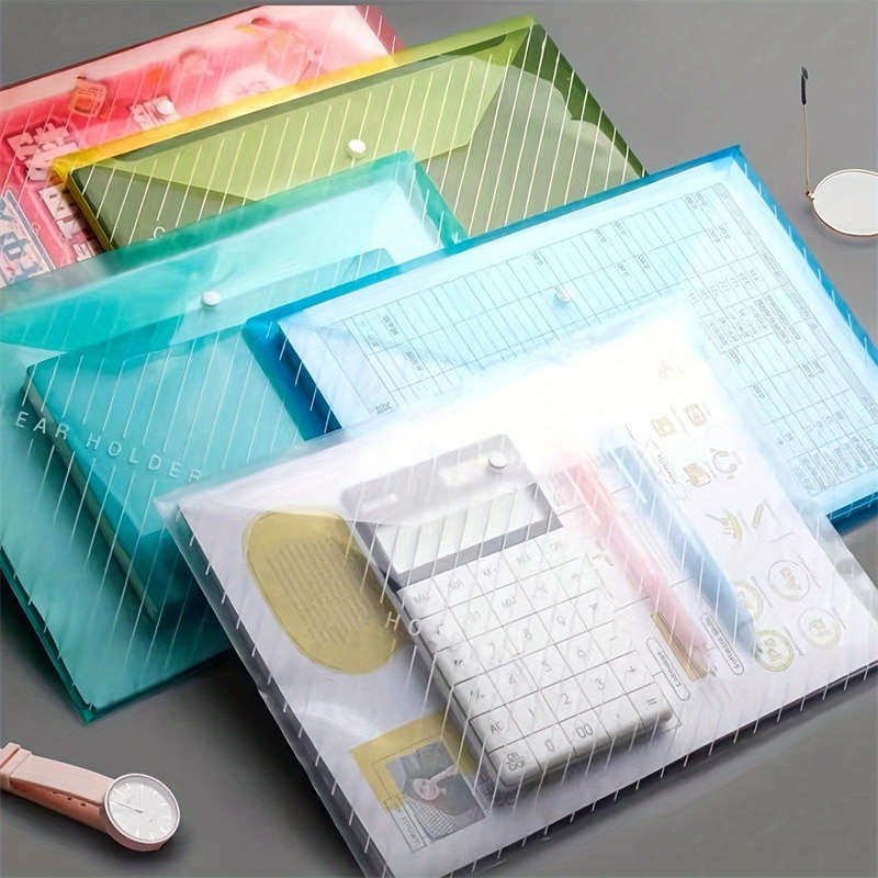 10pcs Thickened Random Color File Bag A4 Transparent Waterproof Button File Bag