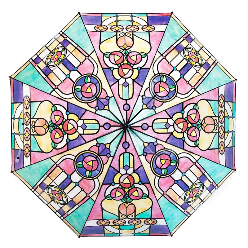 Stained Glass Pattern Long Handle Automatic Rainbow Transparent Umbrella