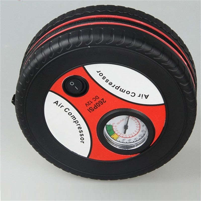 DC 12V 260PSI Tire Shape Air Compressor with Pressure Gauge and Nozzle Adapter