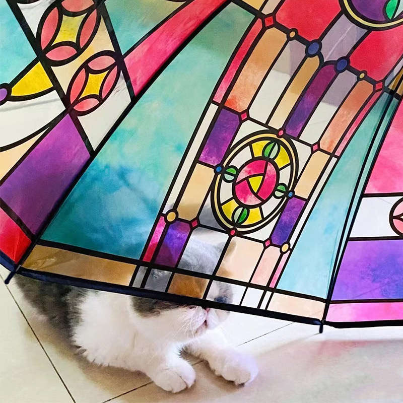 Stained Glass Pattern Long Handle Automatic Rainbow Transparent Umbrella