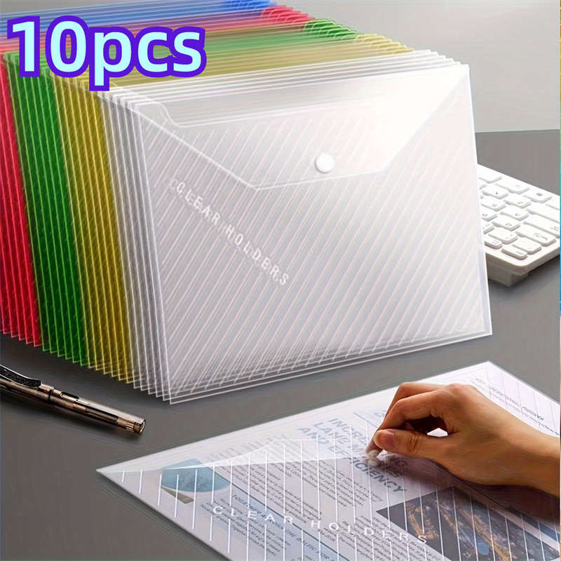 10pcs Thickened Random Color File Bag A4 Transparent Waterproof Button File Bag