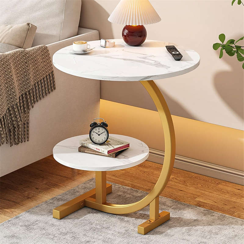 2 Tier Side Table, C Shape Side Table with Metal Frame