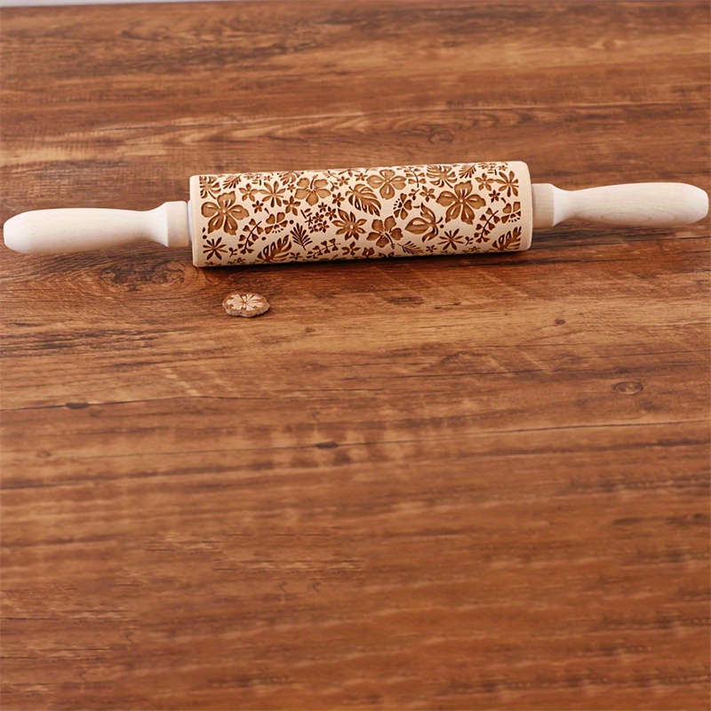 1pc Flower Leaf Rolling Pin 34.8cm Wooden Embossed Dough Roller