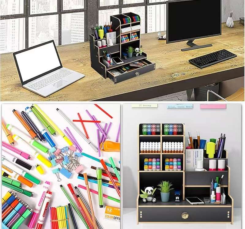 WOODEN DESK STATIONERY ORGANIZER WITH DRAWER